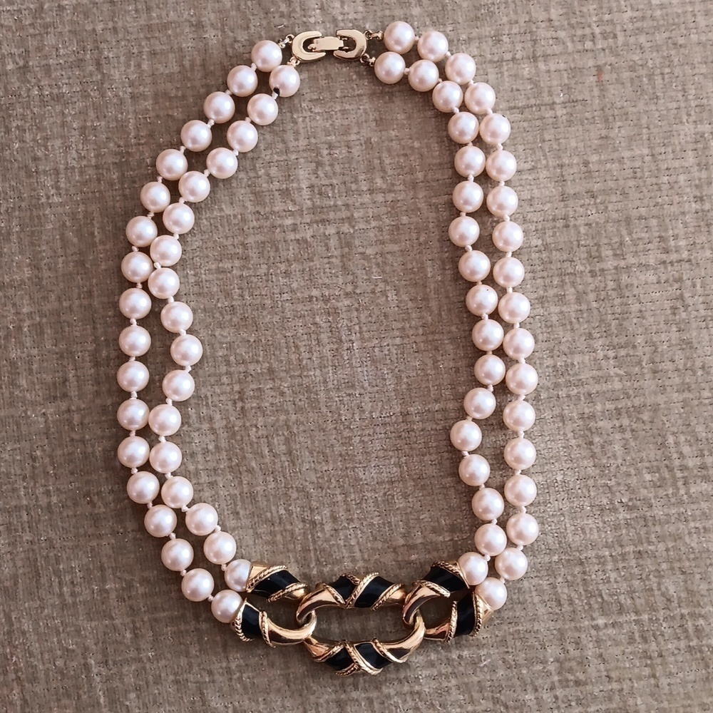Black Gold Tone Pearl Knotted Strand Necklace